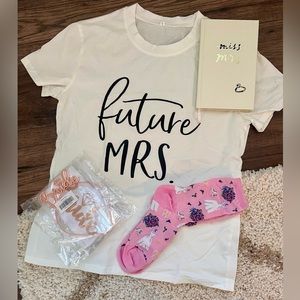 Engaged gift “Future Mrs.” T-shirt, Kate Spade journal, bride socks, tiara, sash